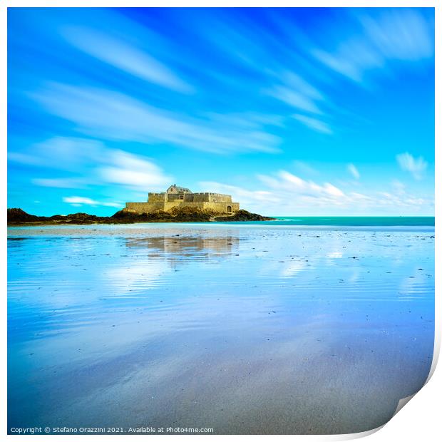 Saint Malo Fort National and beach, low tide. Brittany, France. Print by Stefano Orazzini