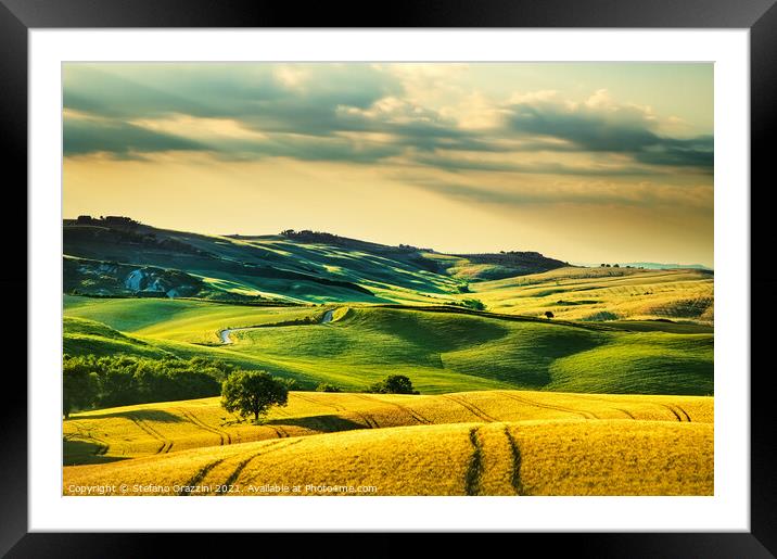 Tuscany, rolling hills and wheat fields in Val d'Orcia  Framed Mounted Print by Stefano Orazzini