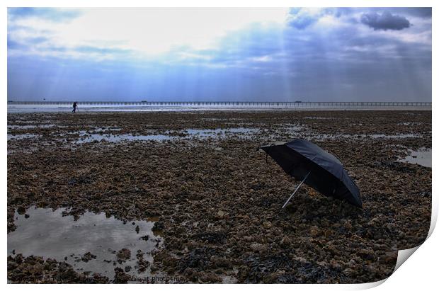 Lonely Umbrella on Deserted Beach Print by Peter Bolton