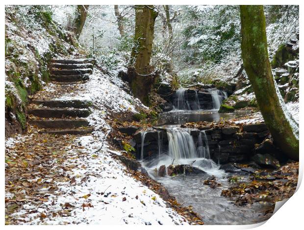 Winters scene of stream in woodland waterfall afte Print by Andrew Heaps