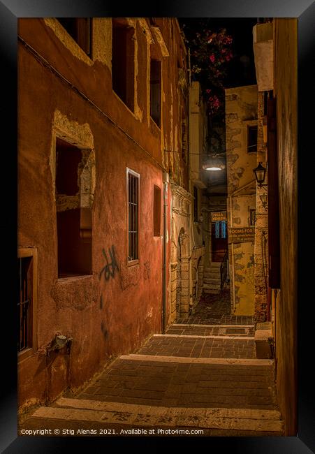 The creepy Moschon alley in the middle of the night lit by a str Framed Print by Stig Alenäs