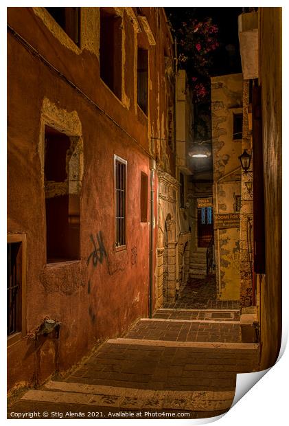 The creepy Moschon alley in the middle of the night lit by a str Print by Stig Alenäs
