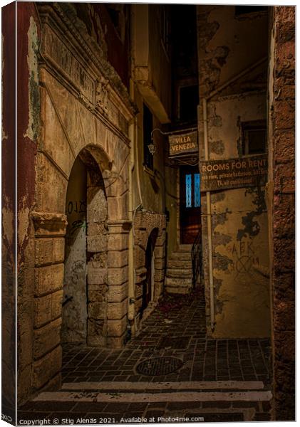 The gruesome Moschon street in the old town of Chania at night Canvas Print by Stig Alenäs