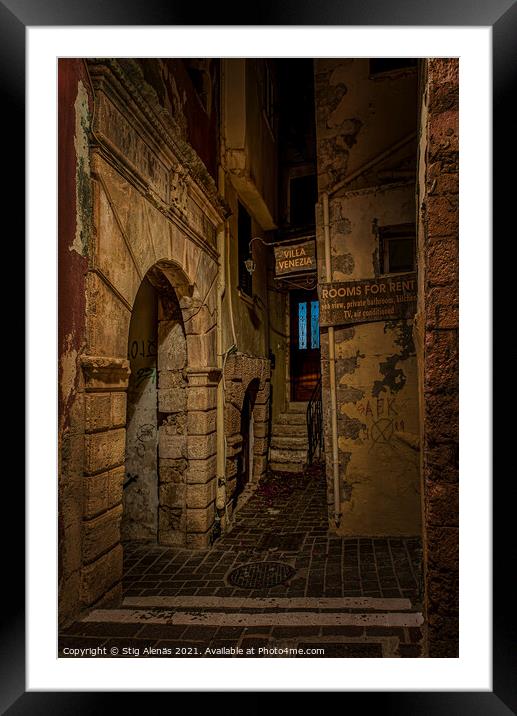 The gruesome Moschon street in the old town of Chania at night Framed Mounted Print by Stig Alenäs