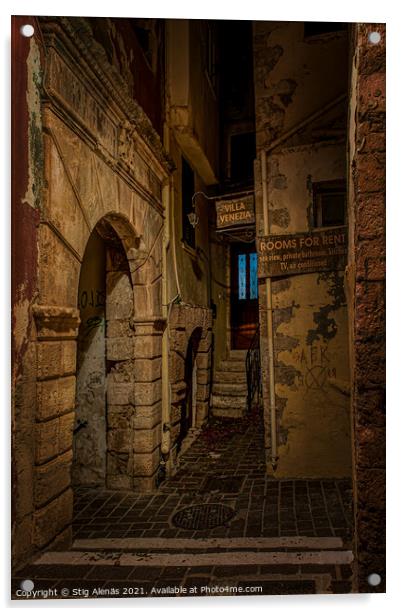 The gruesome Moschon street in the old town of Chania at night Acrylic by Stig Alenäs