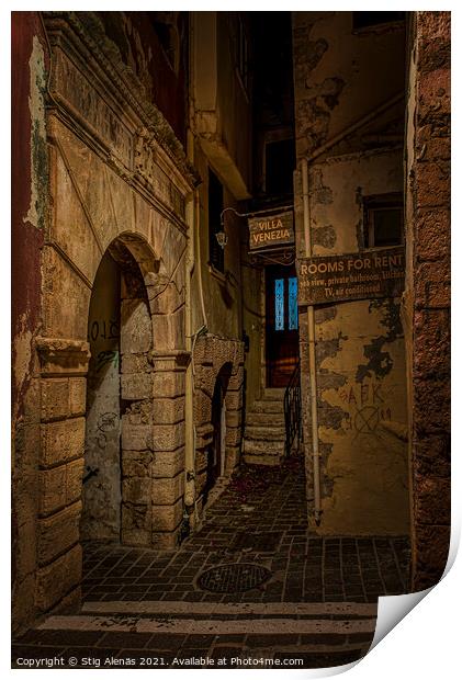 The gruesome Moschon street in the old town of Chania at night Print by Stig Alenäs