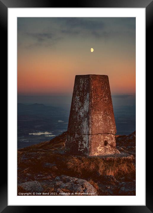 Moon over the Cairn on Summit of Ben Ledi, Scotland at Dusk Framed Mounted Print by Ivor Bond