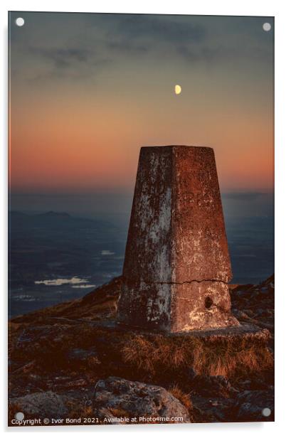 Moon over the Cairn on Summit of Ben Ledi, Scotland at Dusk Acrylic by Ivor Bond