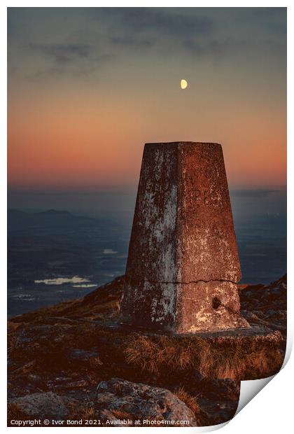 Moon over the Cairn on Summit of Ben Ledi, Scotland at Dusk Print by Ivor Bond