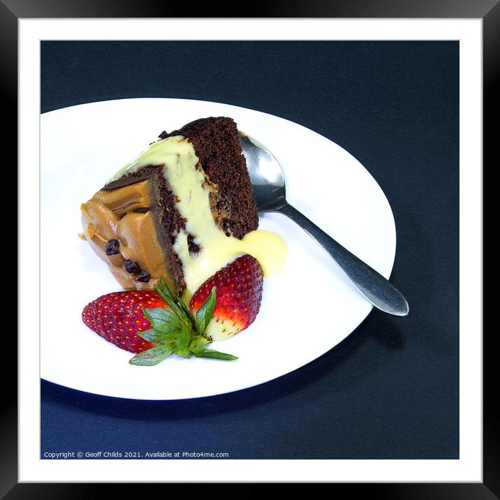 Chocolate Cake portion with Strawberries on a Plate. Isolat Framed Mounted Print by Geoff Childs