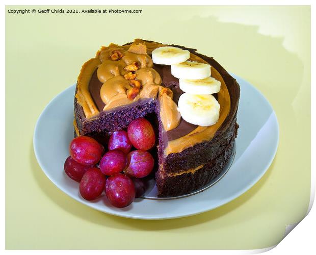 Chocolate Cake served with fruit on a plate. Photo is isolated o Print by Geoff Childs