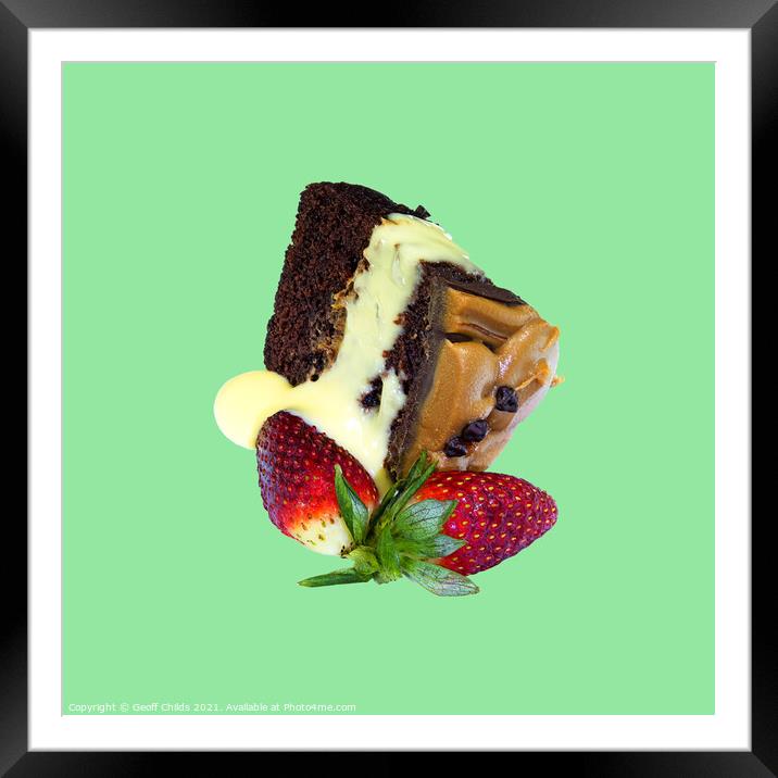 Portion of Chocolate Cake with two strawberries  Framed Mounted Print by Geoff Childs