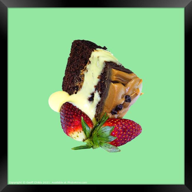 Portion of Chocolate Cake with two strawberries  Framed Print by Geoff Childs