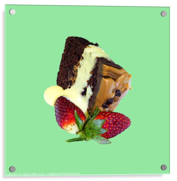 Portion of Chocolate Cake with two strawberries  Acrylic by Geoff Childs