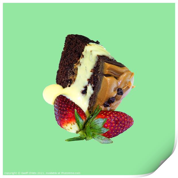 Portion of Chocolate Cake with two strawberries  Print by Geoff Childs