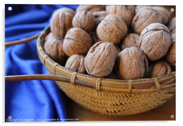 Walnuts in a basket with blue tablecloth Acrylic by Imladris 