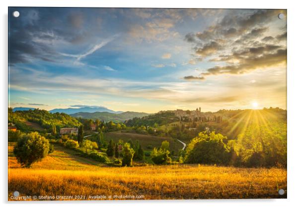 Urbino city and countryside landscape at sunset. Marche, Italy Acrylic by Stefano Orazzini