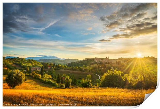 Urbino city and countryside landscape at sunset. Marche, Italy Print by Stefano Orazzini