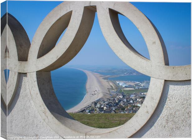 Chesil Beach through the Olympic Rings Canvas Print by Stephen Coughlan