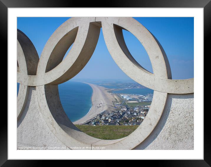 Chesil Beach through the Olympic Rings Framed Mounted Print by Stephen Coughlan