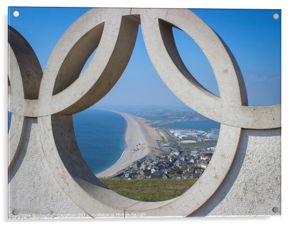 Chesil Beach through the Olympic Rings Acrylic by Stephen Coughlan