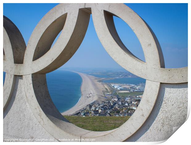 Chesil Beach through the Olympic Rings Print by Stephen Coughlan