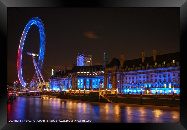 London Eye & County Hall at night Framed Print by Stephen Coughlan