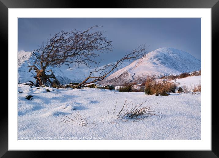 Red Hills Snow Scene Isle of Skye Scotland. Framed Mounted Print by Barbara Jones
