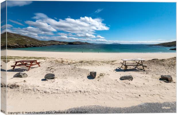 Picnic tables at Hushinish beach, Isle of harris Canvas Print by Photimageon UK