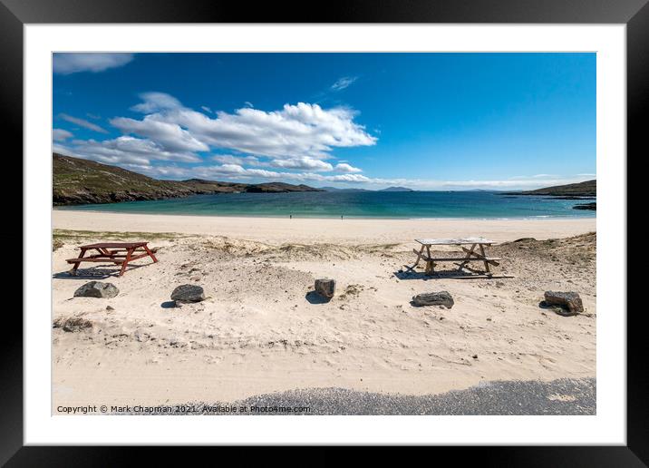 Picnic tables at Hushinish beach, Isle of harris Framed Mounted Print by Photimageon UK