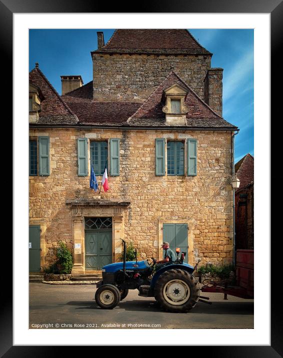 Domme, town Hall and tractor Framed Mounted Print by Chris Rose