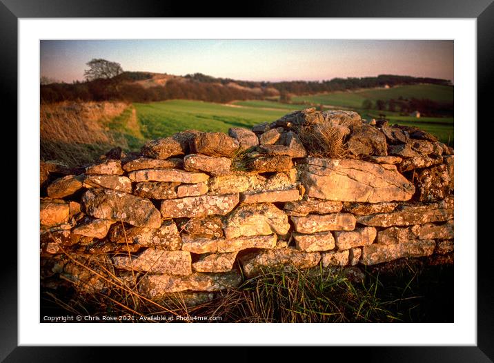 Cotswolds, late sun on a cotswold stone wall Framed Mounted Print by Chris Rose