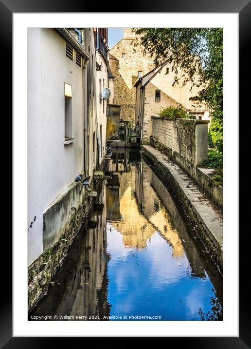 White Buildings City Center Aure River Reflection Bayeux France Framed Mounted Print by William Perry