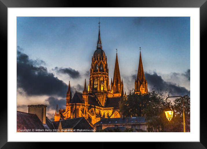 Illuminated Cathedral Nights Lights Church Bayeux Normandy Franc Framed Mounted Print by William Perry