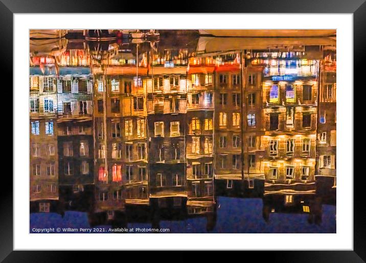 Night Abstract Waterfront Reflection Inner Harbor Honfluer Franc Framed Mounted Print by William Perry
