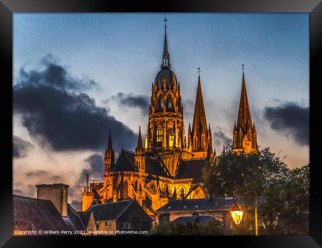 Illuminated Cathedral Nights Lights Church Bayeux Normandy Franc Framed Print by William Perry