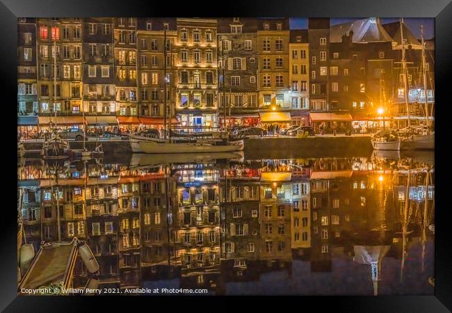 Night Boats Waterfront Reflection Inner Harbor Honfluer France Framed Print by William Perry