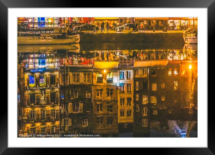 Night Boats Waterfront Reflection Inner Harbor Honfluer France Framed Mounted Print by William Perry