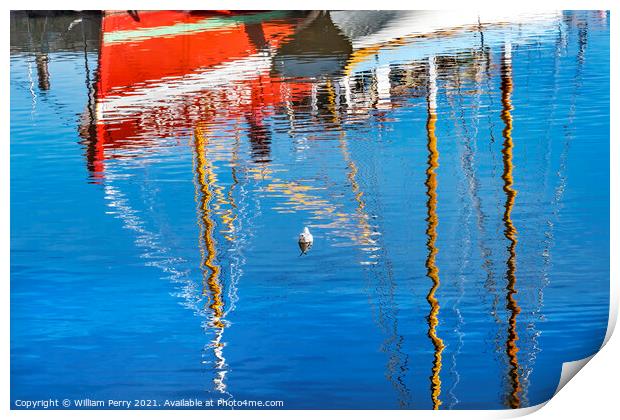 Red White Boats Waterfront Reflection Abstract Inner Harbor Honf Print by William Perry