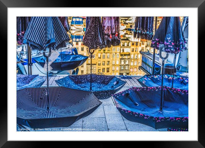Umbrellas Open Market inner Harbor Honfluer France Framed Mounted Print by William Perry