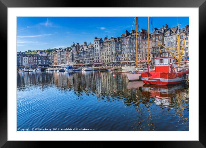 Red Boat Waterfront Reflection Inner Harbor Honfluer France Framed Mounted Print by William Perry