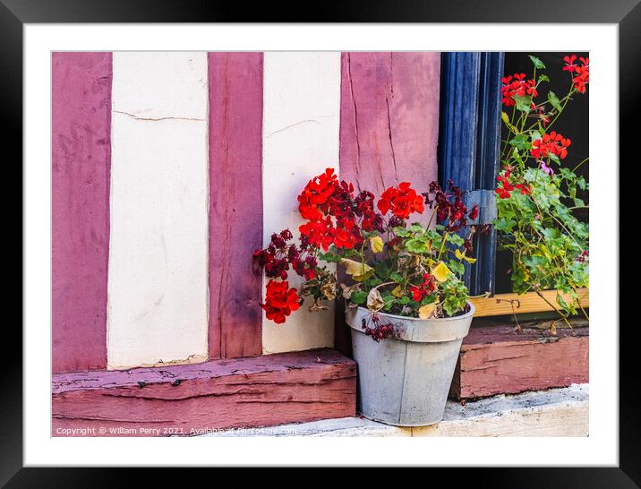 Red Geranium Wiindow Old Town Street Honfluer France Framed Mounted Print by William Perry