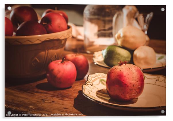 Festive Pomegranate & English Apples On A Rustic Kitchen Table Acrylic by Peter Greenway