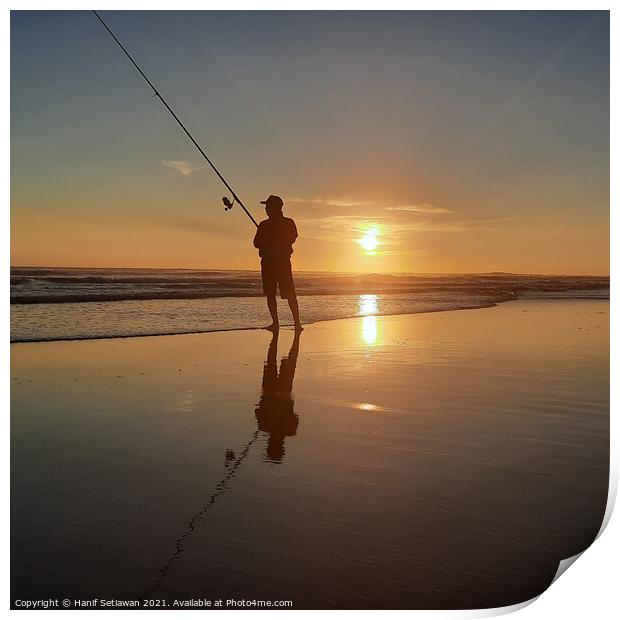 Fisherman on sand beach at sunset Squared Print by Hanif Setiawan
