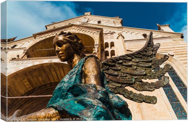 The Blue Angel, sculpture seen from below, at the main entrance  Canvas Print by Joaquin Corbalan