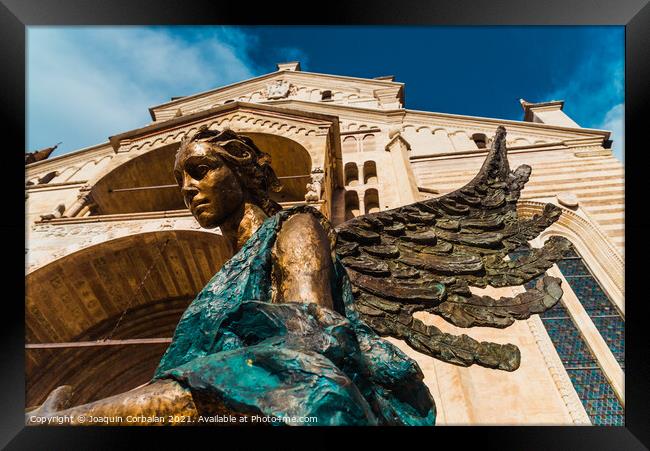 The Blue Angel, sculpture seen from below, at the main entrance  Framed Print by Joaquin Corbalan