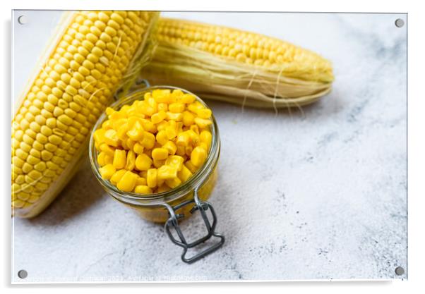 Sweet corn kernels are boiled and packed in cans to preserve the Acrylic by Joaquin Corbalan