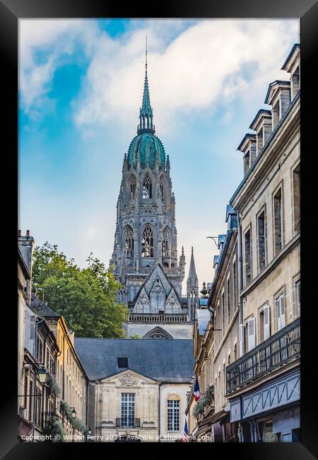 Street Shops Tower Cathedral Church Bayeux Normandy France Framed Print by William Perry