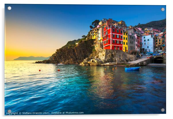 Riomaggiore town and sea at sunset. Cinque Terre Acrylic by Stefano Orazzini