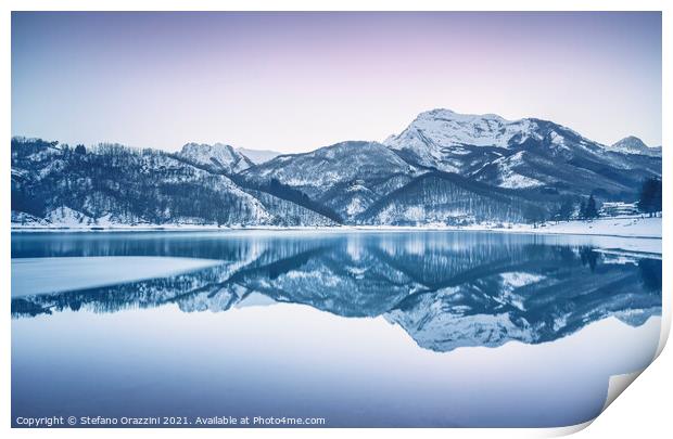 Gramolazzo iced lake and snow in Apuan mountains. Tuscany Print by Stefano Orazzini